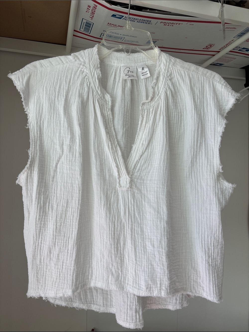 White Sleeveless Gauze Tunic with V-Notch
